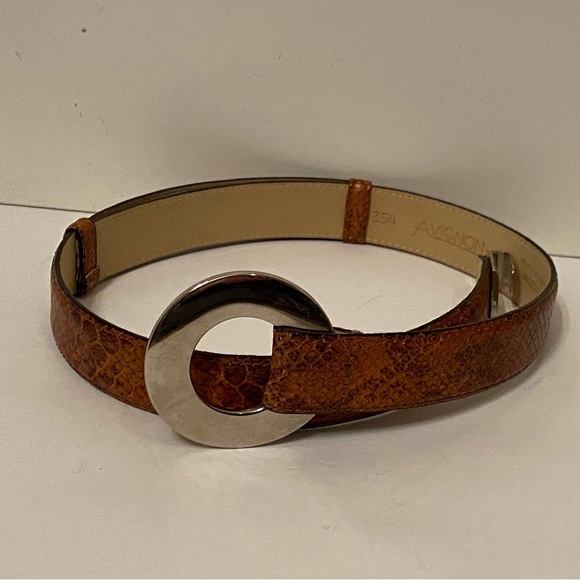 AVIGNON BELT BROWN LEATHER TEXTURED CROC LOOK SILVER O RING BUCKLE SIZE L USA - Picture 3 of 12